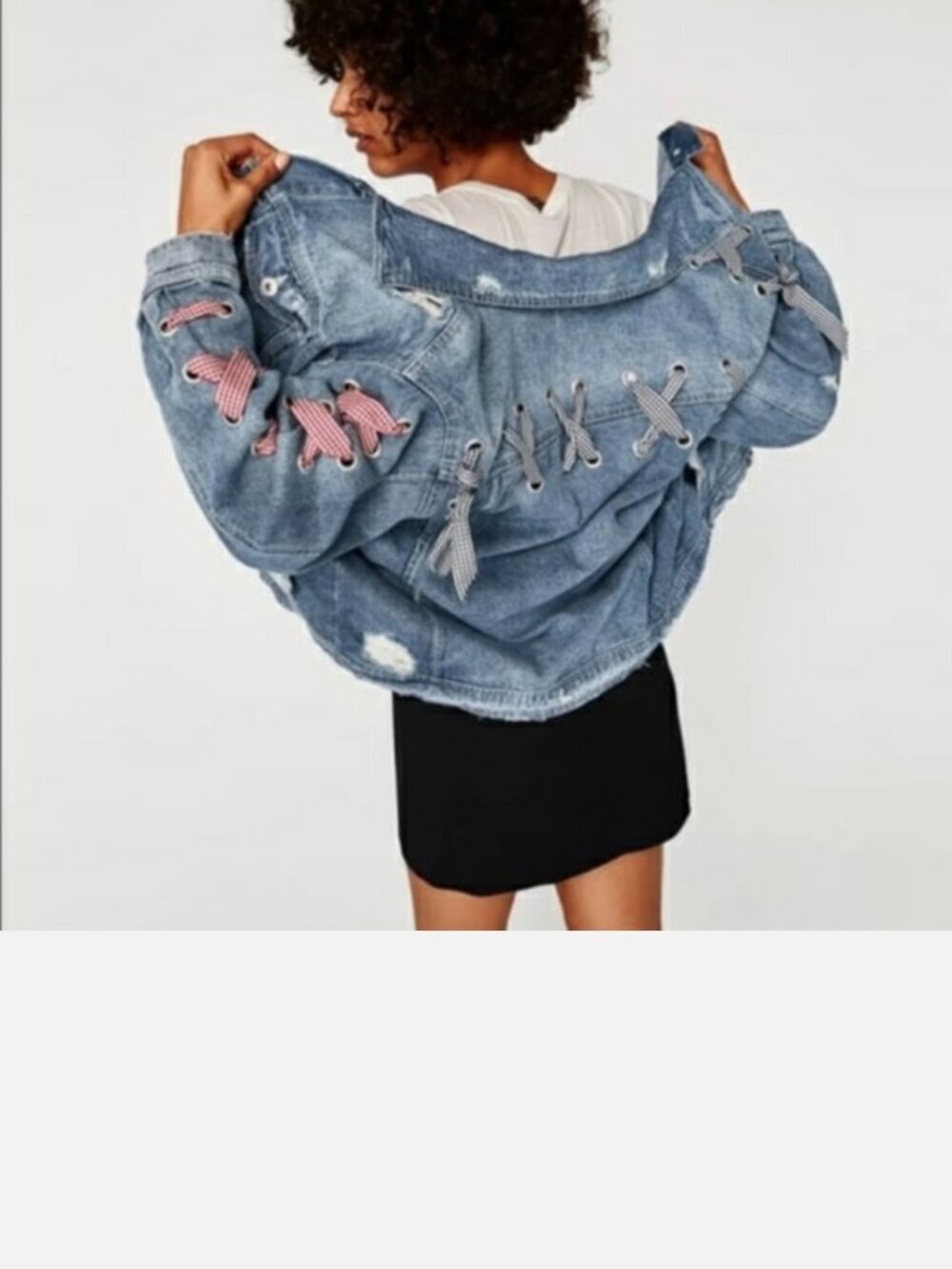 Zara Distressed Ribbon Jean Jacket Sz Small Denim Boho Western Edgy Soft-Grunge - Picture 3 of 10
